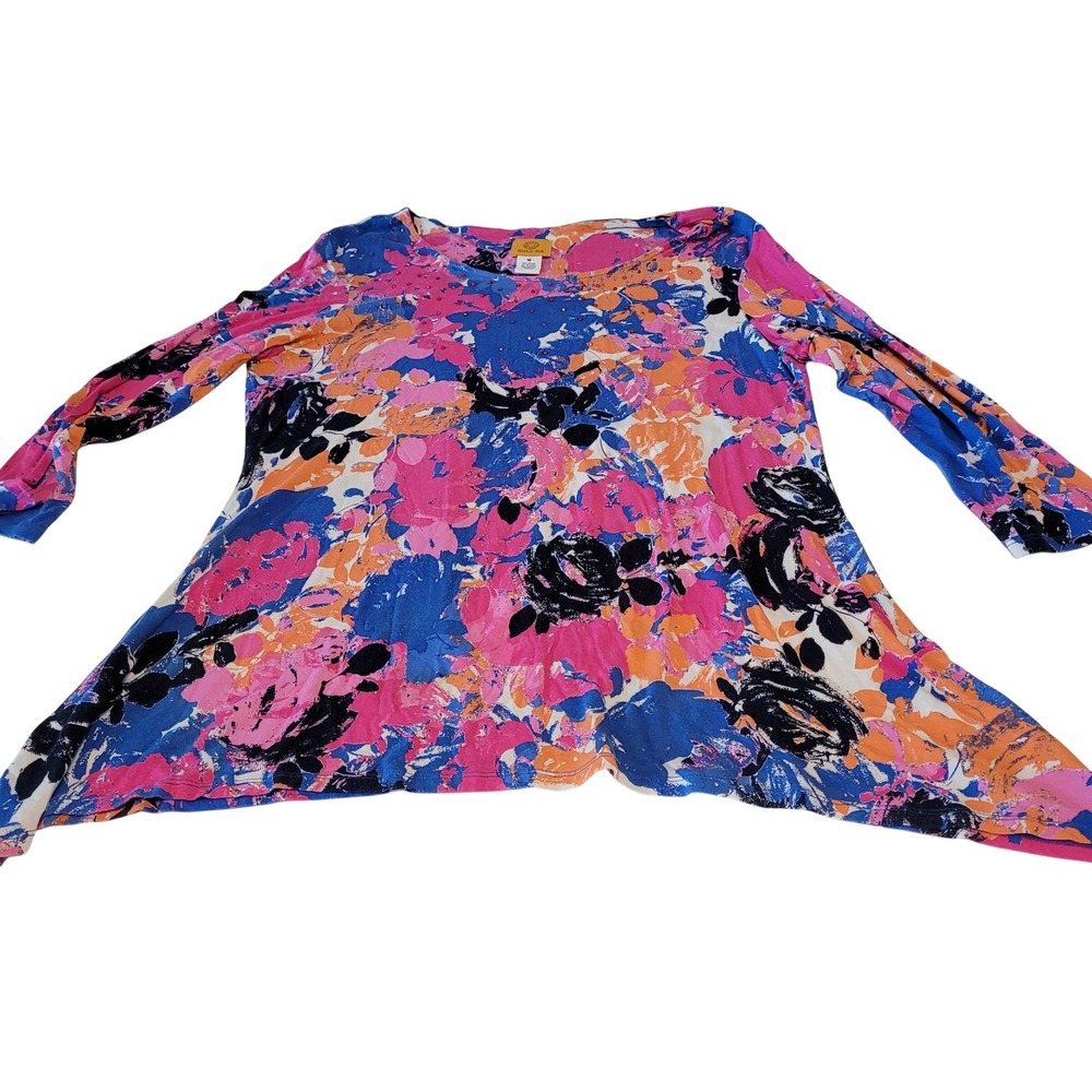 Ruby Rd Floral Tunic Womens Medium Pink Blue Sharkbite Hem Rhinestone